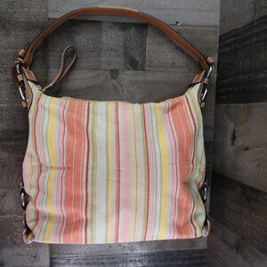Fossil 90s/Y2K Pastel Stripe Canvas Purse Leather Strap Shoulder Bag